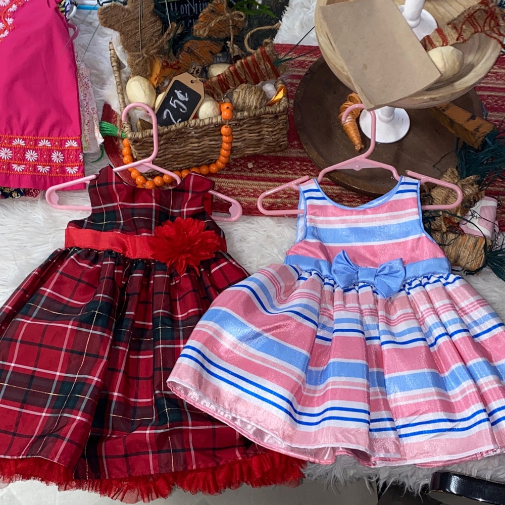 BUNDLE 2 Plaid and Pink Striped Toddler Dresses Red 18 month and other 12